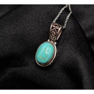 Vintage 1990s Genuine Turquoise 925 Sterling Silver Pendant Necklace